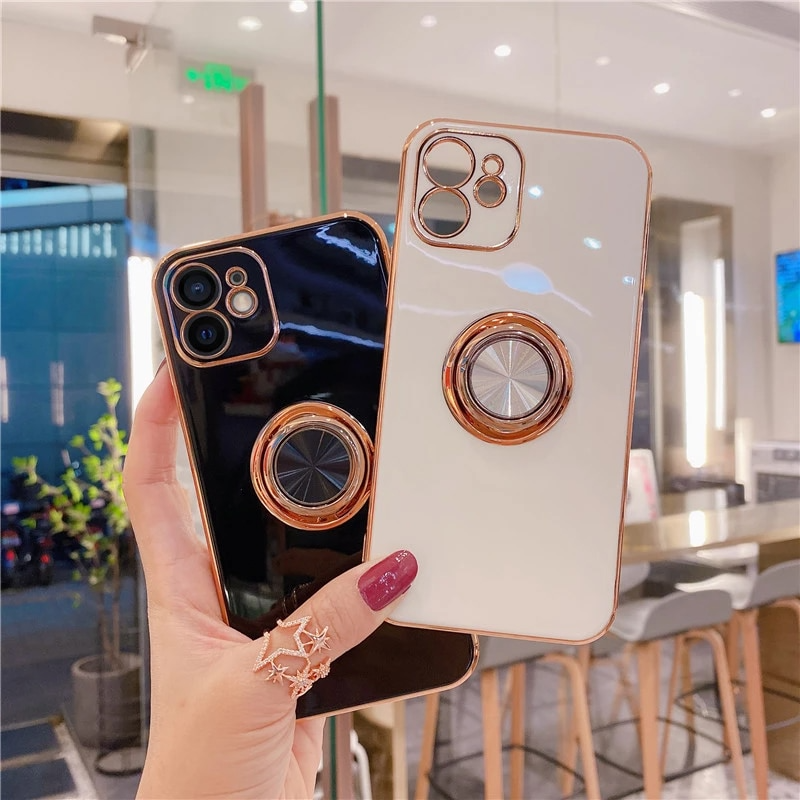Luxury Silicone Ring Holder Phone Case For iPhone 11 12 13 14 with Rotate Kickstand Shockproof Cover