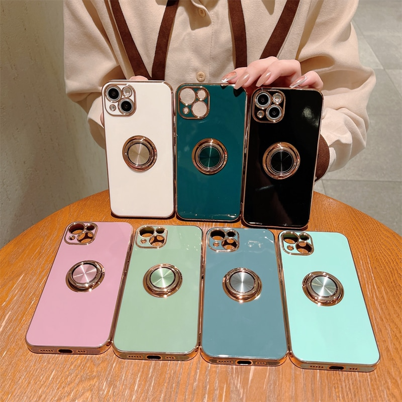 Luxury Silicone Ring Holder Phone Case For iPhone 11 12 13 14 with Rotate Kickstand Shockproof Cover